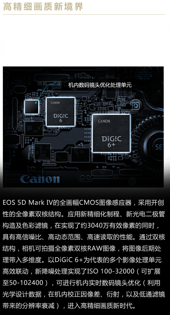 高精细画质新境界 全像素双核的全画幅 CMOS 与多个影像处理 单元高效联动 EOS 5D Mark IV的全画幅CMOS图像感应器，采用开创性的全像素双核结构。应用新精细化制程、新光电二极管构造及色彩滤镜，在实现了约3040万有效像素的同时，具有高信噪比、高动态范围、高速读取的性能。通过双核结构，相机可拍摄全像素双核RAW图像，将图像后期处理带入多维度。以DiGiC 6+为代表的多个影像处理单元高效联动，新降噪处理实现了ISO 100-32000（可扩展至50-102400），可进行机内实时数码镜头优化（利用光学设计数据，在机内校正因像差、衍射，以及低通滤镜带来的分辨率衰减），进入高精细画质新时代。